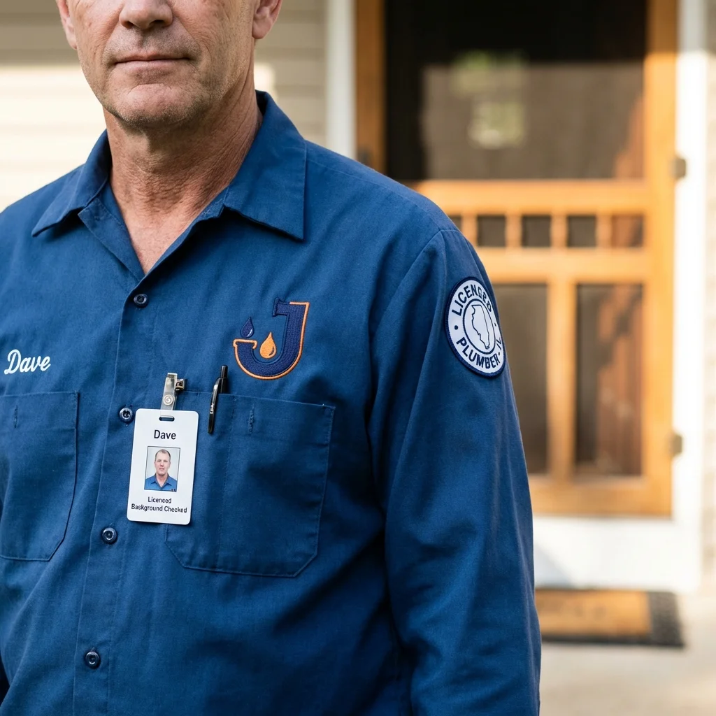 Licensed plumber showing ID badge in Petersburg, IN