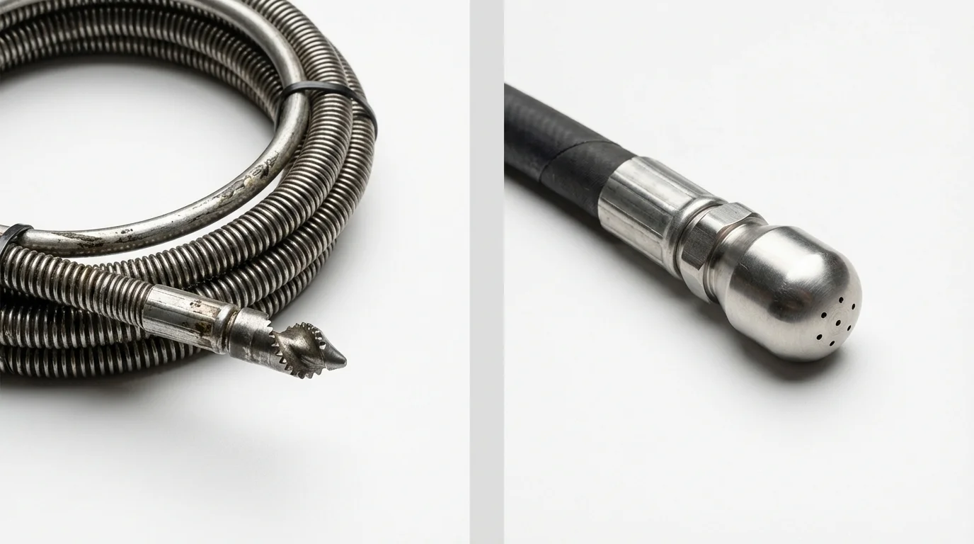 Drain snake cable and hydro jetting nozzle used for drain cleaning in Petersburg, IN