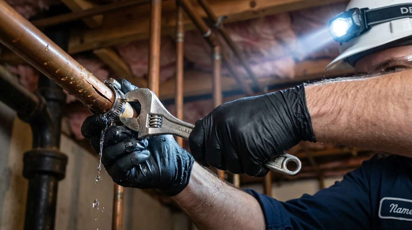 Emergency pipe clamp repair being performed by a Johns Plumbing LLC plumber in Petersburg