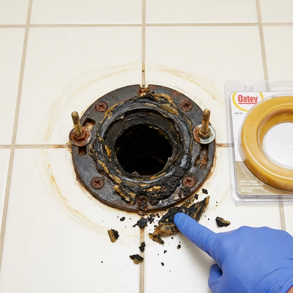 Failed wax ring showing water seepage at the base of a toilet in a Petersburg, IN home