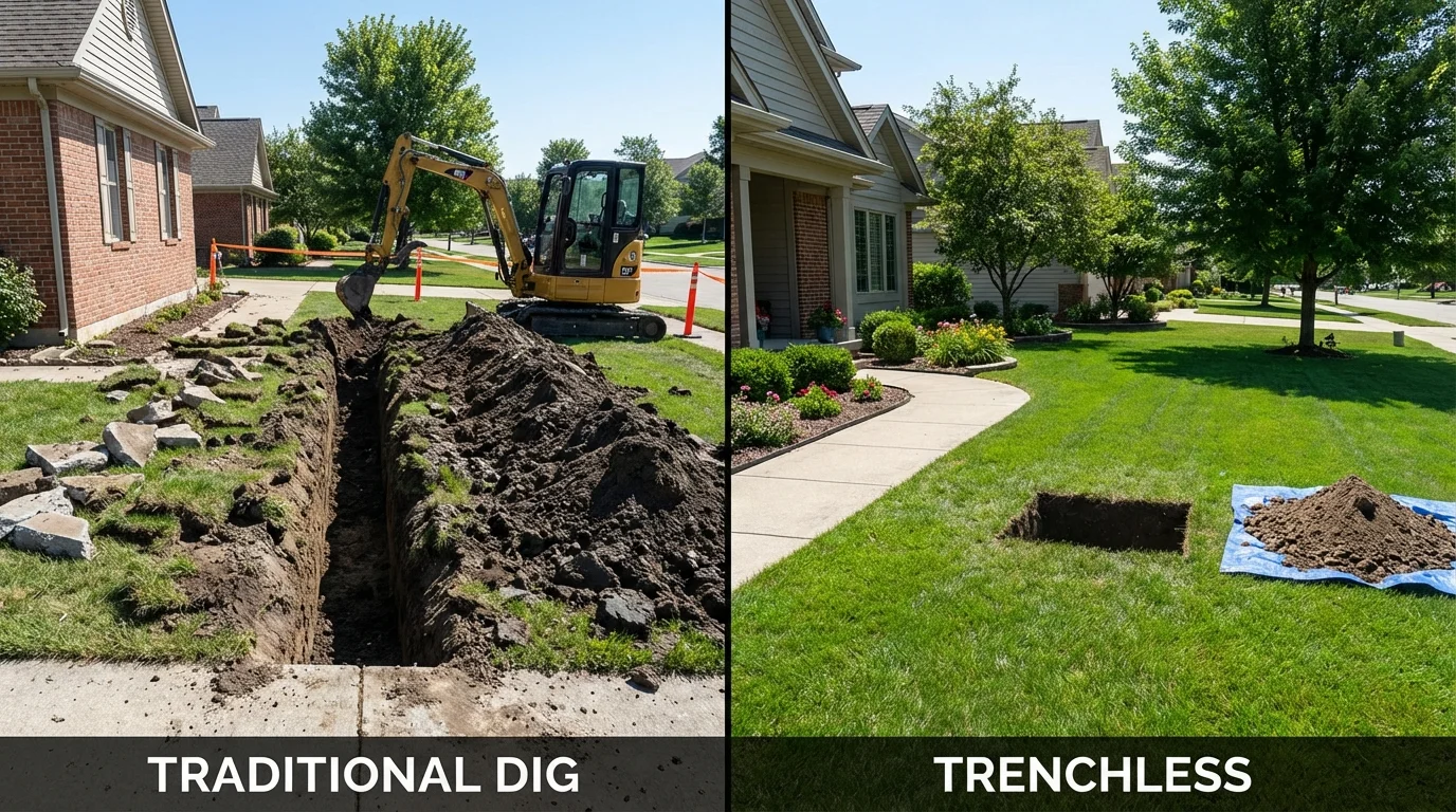 Trenchless sewer repair with minimal yard damage versus traditional excavation in Petersburg, IN