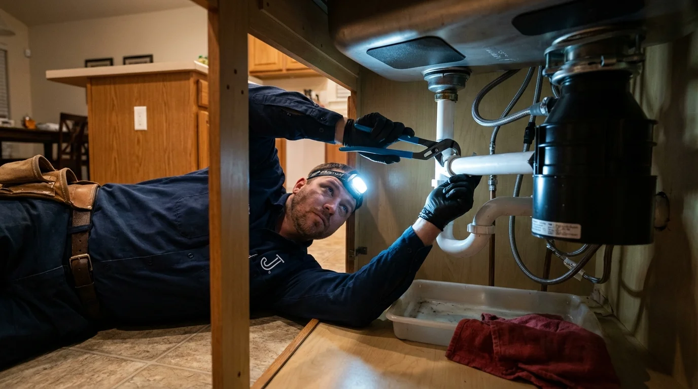 P-trap and supply line connections under a kitchen sink showing a common leak point in Petersburg, IN